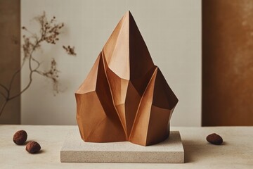 Abstract Gold Geometric Sculpture on Beige Surface