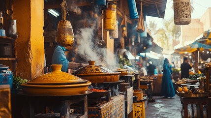 Obraz premium Bustling Moroccan Market with Vendors Cooking in Tagines