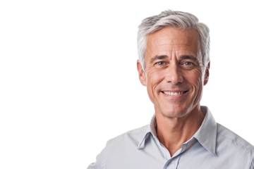Close-up portrait of a smiling senior man with gray hair, isolated on transparent background