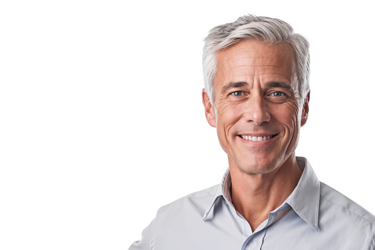Close-up portrait of a smiling senior man with gray hair, isolated on transparent background
