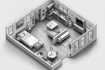 Obraz premium Isometric Sketch of a Cozy Apartment Interior