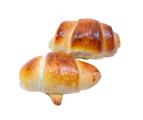 Two fresh croissants (handmade) isolated on white background.