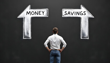 Money vs Saving, Decision-Making Concept with Chalkboard Arrows, Money management concept