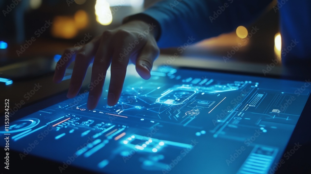 Poster innovative technology interaction digital workspace user interface high-tech environment close-up vi