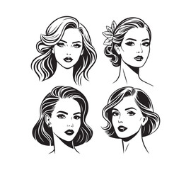 Set of stylized woman faces. Modern single line art. Woman beauty fashion concept, minimalistic style Black and white