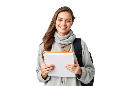 Smiling female student with backpack and holding book, isolated transparent background