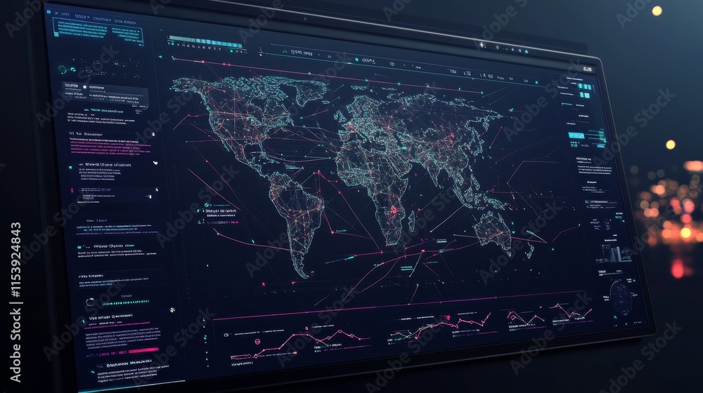 Poster global data analysis dashboard virtual workspace digital visualization high-tech environment overvie