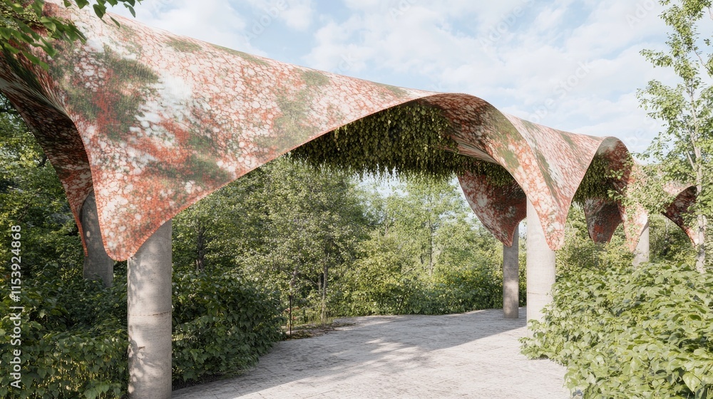 Poster a modern architectural structure with a wavy canopy surrounded by greenery.