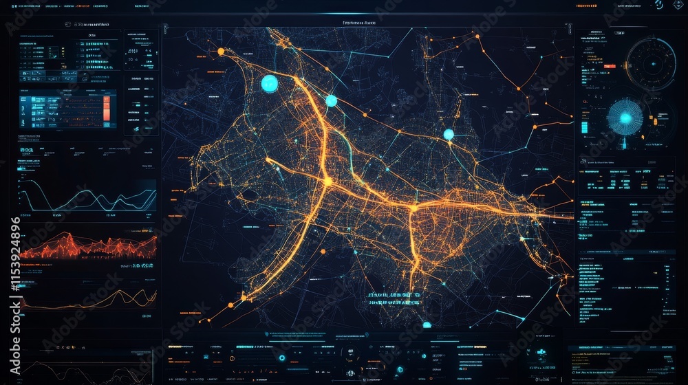 Poster analyzing urban traffic patterns cityscape data visualization digital map aerial view technology ins