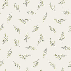 Vector illustration. Seamless pattern of green beige leaves, floral pattern on a light green beige background, pastel branch. Floral seamless pattern for fabric sublimation, wallpaper, product design.