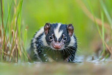 Fototapeta premium Striped Skunk in Grassy Habitat Discovery