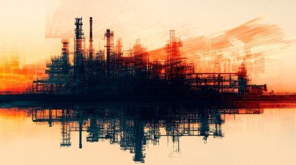 Fototapeta premium Industrial sunset reflections oil refinery abstract photography urban environment aerial view technology and nature contrast