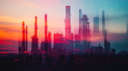 Fototapeta premium Industrial sunset reflections oil refinery photography urban environment wide angle abstract beauty