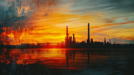 Naklejka premium Industrial sunset reflection oil refinery landscape urban environment serene viewpoint nature's contrast