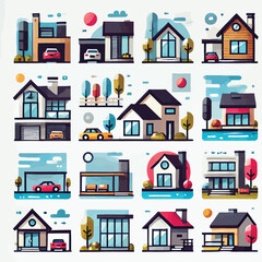 Modern house icon set flat illustration vector