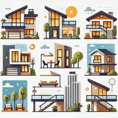Modern house icon set flat illustration vector