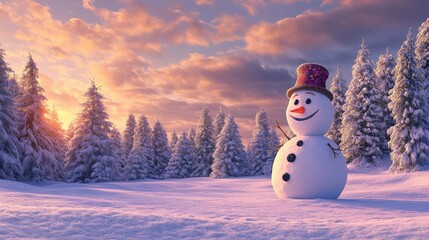 Obraz premium Winter wonderland snowman in sunset landscape nature scene outdoor environment serene viewpoint festive concept