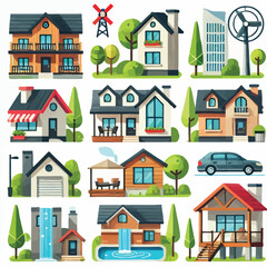 Modern house icon set flat illustration vector