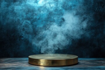 Mystic Teal Background with Golden Podium and Smoke