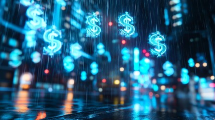 Illuminating currency rainfall urban nightscape digital art neon glow wide angle financial prosperity