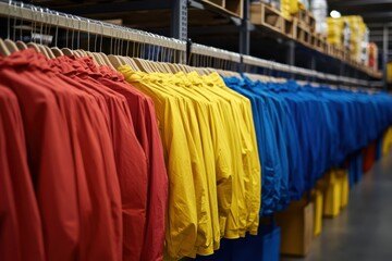 Obraz premium Colorful Clothing Display on Hangers in Warehouse