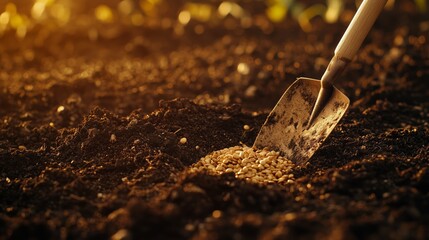Soil Preparation with Seeds and Garden Shovel at Sunrise