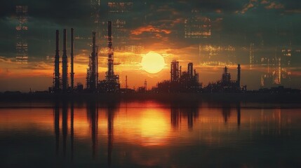 Naklejka premium Industrial sunset reflection oil refinery photograph urban landscape wide angle environmental awareness