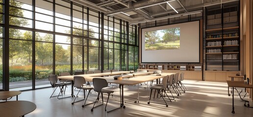 Modern classroom with large windows, projector, and collaborative seating arrangement.