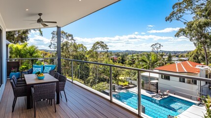 Fototapeta premium Modern balcony view overlooking a pool and lush landscape under a clear blue sky.