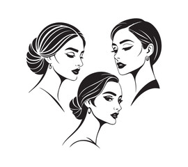 Set of stylized woman faces. Modern single line art. Woman beauty fashion concept, minimalistic style Black and white