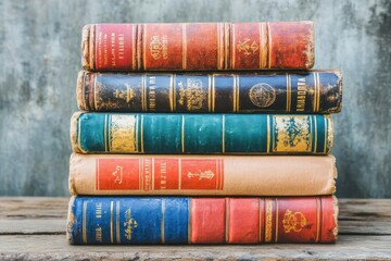 Stack of Vintage Antique Books on Wooden Table