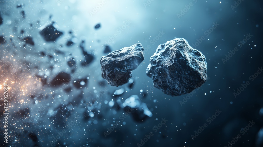 Poster stunning close-up of asteroids floating in cosmic space environment