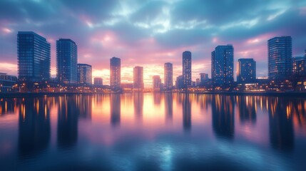 Fototapeta premium Serene City Skyline Reflected in Water at Twilight with Colorful Sky