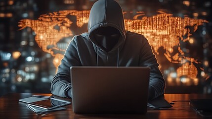 Masked hacker using laptop at night.