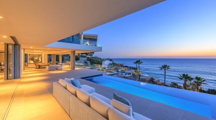 Fototapeta premium Luxurious modern villa overlooking the ocean at sunset with a serene outdoor pool area.