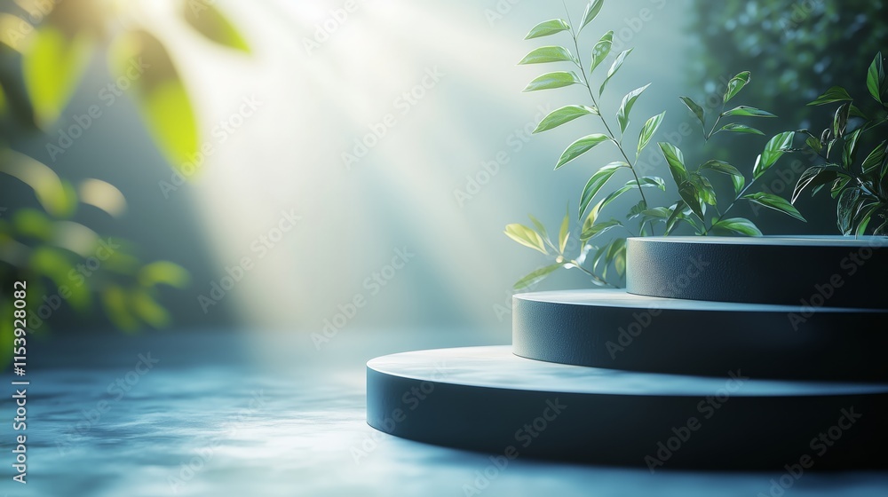 Poster serene nature scene with circular steps and soft light rays