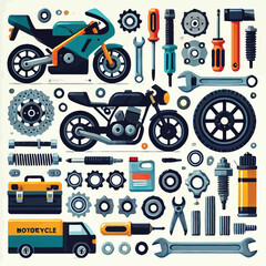 motorcycle repair parts set flat vector illustration