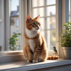 A cute cat sitting on a windowsill with a bird outside, looking curious, nature, bird, sill