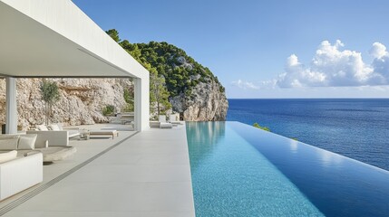 Fototapeta premium Modern villa with an infinity pool overlooking the sea and lush greenery.