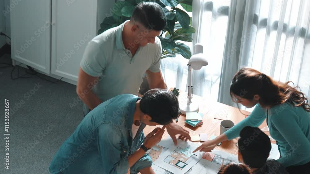 Poster top view of smart civil engineer looking project plan at meeting table while design building constru