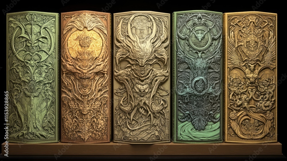 Poster a collection of intricately designed stone-like panels with mythical motifs.