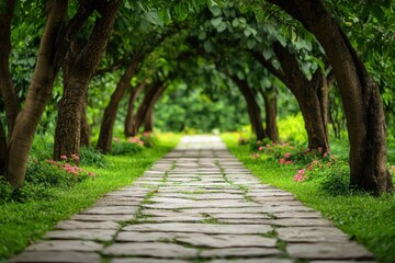 Stone Path Through Lush Green Tree Tunnel