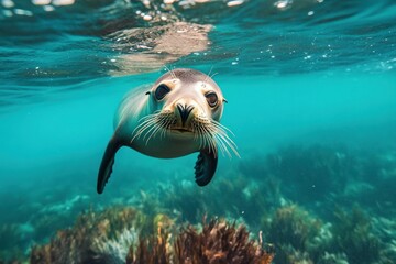 Obraz premium Curious Seal Surfaces in Calm Waters