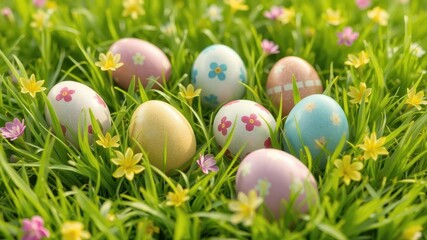 Fototapeta premium Colorful Easter eggs nestled in vibrant green spring grass, sunlight, solid, grass