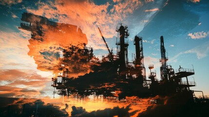 Industrial transformation oil refinery digital artwork urban landscape dramatic sunset energy concept