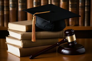 Graduate Cap on Law Books Next to Gavel