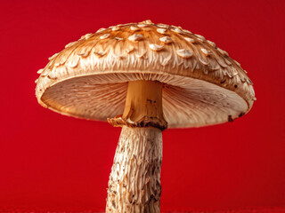 A close-up of a single shimeji mushroom with a textured cap and smooth stem, isolated against a bright red background for a bold and artistic effect. Generative AI