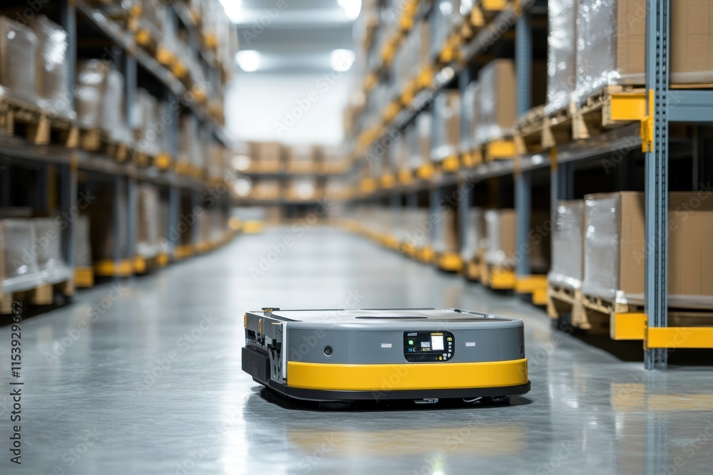 Poster advanced automation technology in modern warehouse setting