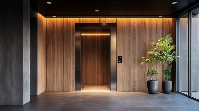 Modern elevator lobby with wooden accents and indoor plants.