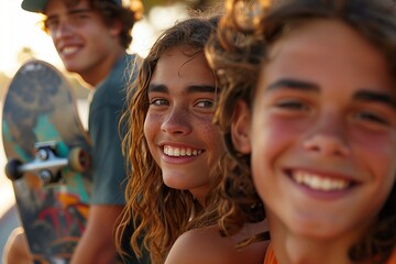 Fototapeta premium Three joyful young skateboarders enjoying their time outdoors, radiating happiness and friendship.